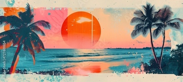 Fototapeta Stylized tropical sunset with palm tree silhouettes against a pastel sky, layered with textures and abstract shapes for a modern yet retro collage feel.