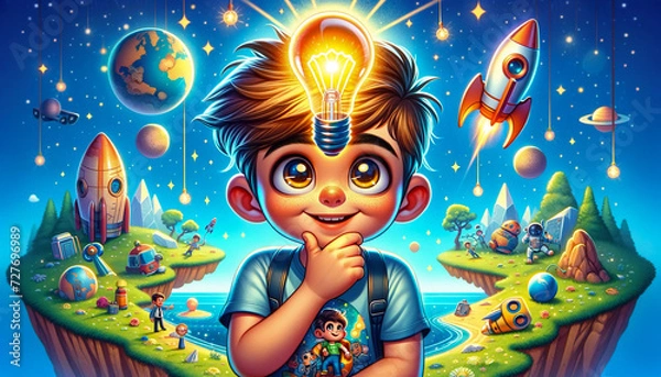 Fototapeta ぴこーんとアイデアをひらめいた男の子のイラスト　（ AI生成画像 ）