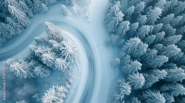 Fototapeta snow covered branches of trees, Curvy windy road in snow covered forest, top view, aerial view