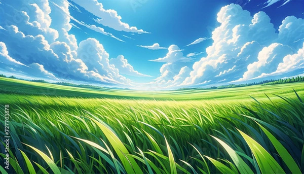 Fototapeta 青空の草原、背景、壁紙　　(AI生成イラスト)