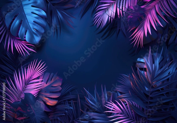 Obraz Tropical leaves bathed in blue and green illumination, framed by neon lights, offering a creative space for additional elements and copy.