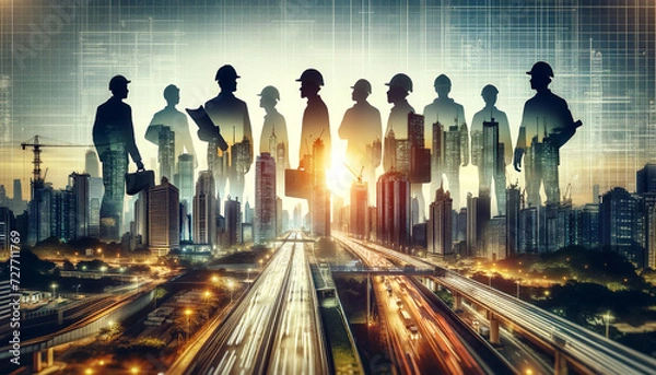 Fototapeta It shows silhouettes of engineers and construction workers against a bustling cityscape at sunset, depicting urban development and the workforce behind it. Urban development concept. AI generated.