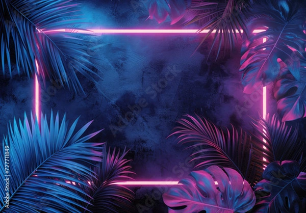 Fototapeta Tropical leaves bathed in blue and green illumination, framed by neon lights, offering a creative space for additional elements and copy.