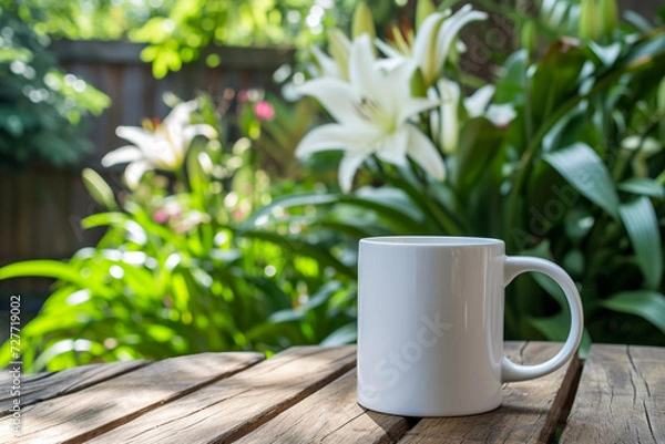 Fototapeta Mock up of a white color 11oz Mug in Lily Garden background, product mockup