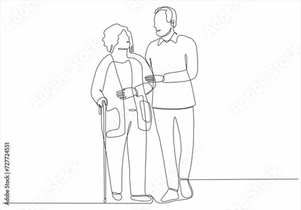 Obraz Old couple in continuous line art drawing style. Senior man and woman walking together holding hands. Black minimalist linear sketch isolated on a white background. Vector illustration