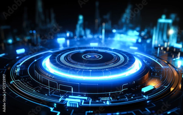 Fototapeta Futuristic blue digital HUD interface with glowing cyber circuit elements, depicting advanced technology, cybersecurity, and modern computing concepts
