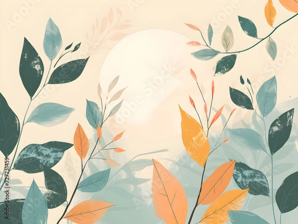 Fototapeta Serene Botanical Illustration with Stylized Leaves and Soothing Sunset Glow - Harmony and Nature Concept Art in Muted Tones for Tranquil Design Projects