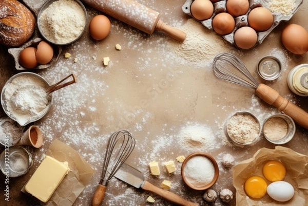 Fototapeta Top view of various bakery ingredients and items 