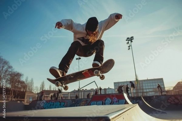 Fototapeta Young skateboarder doing kickflip in a skatepark.