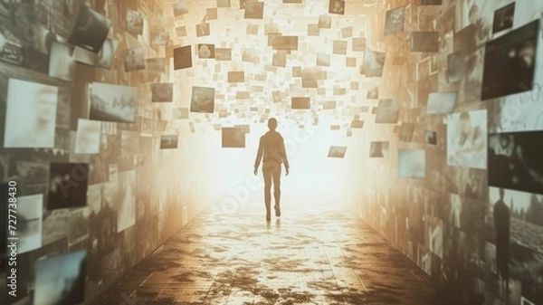 Fototapeta walking down a memory lane filled with ethereal, floating photographs representing key moments from their life
