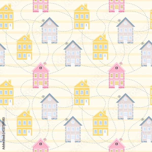 Fototapeta Cute kids seamless pattern with cute houses. Square texture for printing on fabric, paper. Bright multicolored pattern for children's clothes. Houses on light beige-yellow striped background.