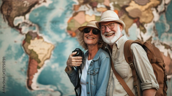 Fototapeta couple with map and backpack