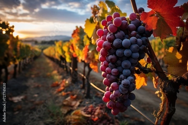 Fototapeta Close-up of grapes in the vineyards generated AI