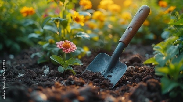 Obraz Gardener Using Tools in Blooming Garden Generative AI