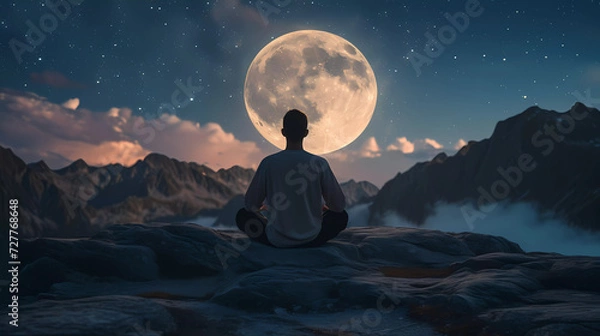 Fototapeta Silhouette behind of man meditation in sitting position on mountain rock with big moon and night sky background.