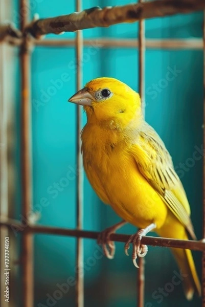 Fototapeta A cute bright yellow canary bird in its cage. Generative AI