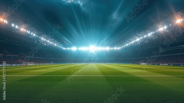 Fototapeta Stadium lights pierce the dark night sky, Soccer match. Generative AI.
