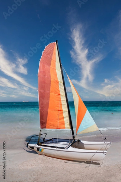 Fototapeta Colorful sailing catamaran on the beach of the Varadero -  Cuba.
Turquoise blue Atlantic water and blue sky with white clouds.