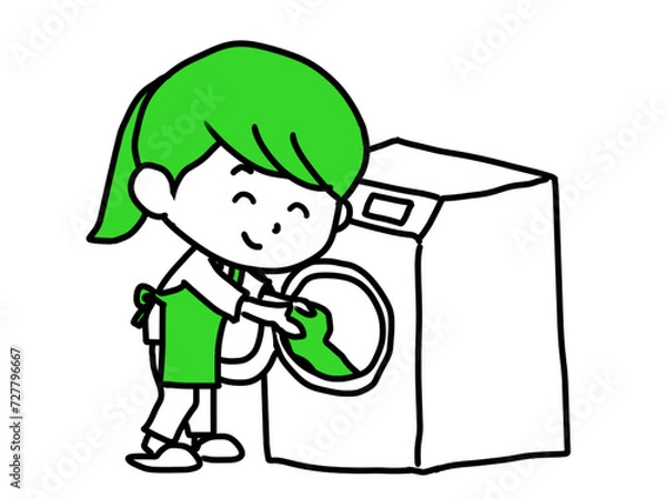 Obraz 洗濯機を回す女性のイラスト