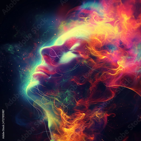 Fototapeta Oneness with the Cosmos - Surreal Human Face Emerging from Psychedelic Hues & Spiritual Awakening - Interconnectedness in Psychedelia