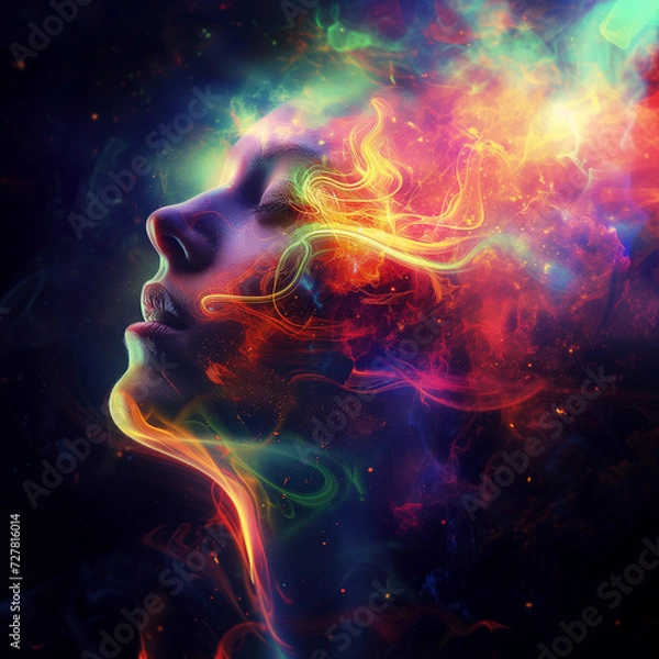 Fototapeta Altered States of Consciousness - Mystical Side Profile amidst a Psychedelic Color Fusion - Visions of Psychedelia