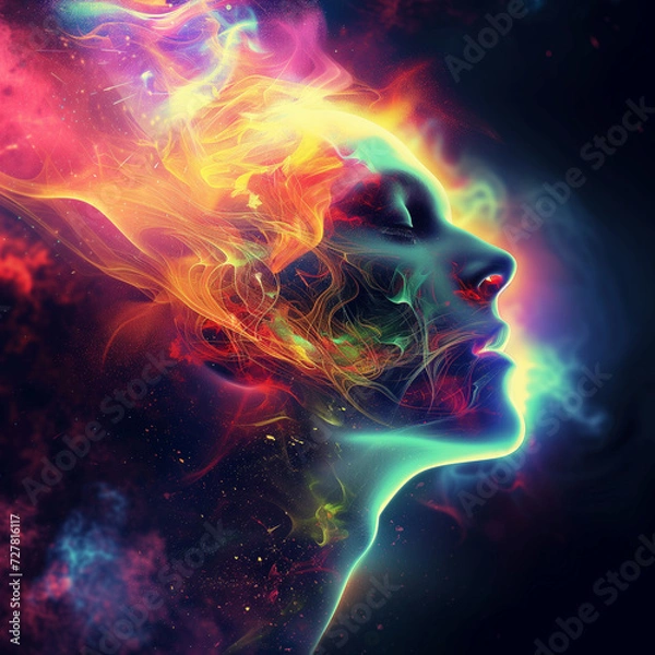 Fototapeta DMT & LSD Inspired Journey - Vibrant Colors Depicting Tranquil Human Consciousness & Unity - Hallucinogenic Trip to Oneness