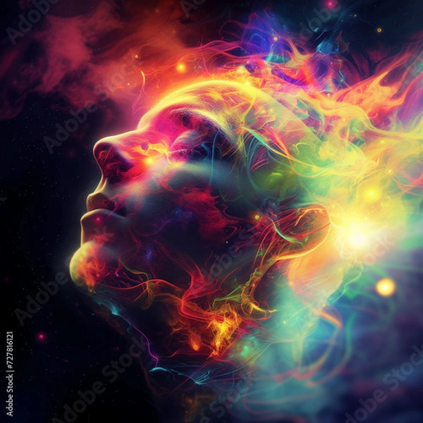 Fototapeta Meditative State & Psychedelic Transformation - Human Face Embracing the Multiverse - Art of Spirituality - LSD & Psilocybin