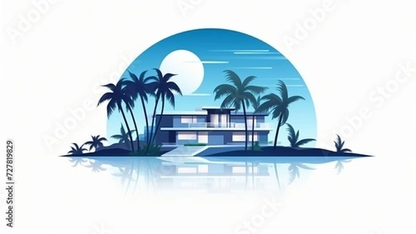 Obraz House modern hotel design with palm trees and beach vacation on white background. Beauty view house building moonlight day logo design