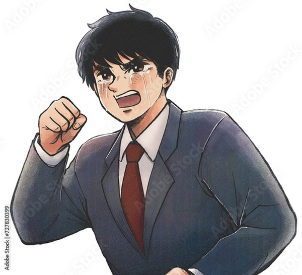 Obraz 昭和の劇画漫画風・拳を握って号泣する転職活動中の男性