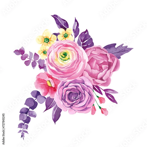 Obraz Spring, summer composition of mini wild flowers and buds. Delicate flowers ranunculus, roses, peony, wildflowers. Watercolor hand painted isolated elements on white background