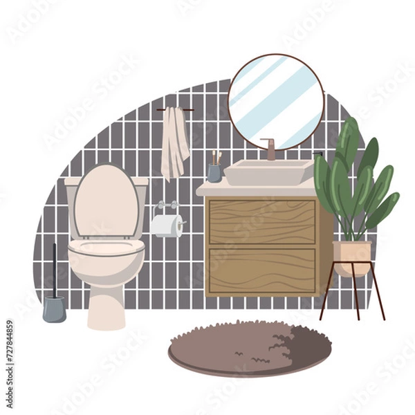 Fototapeta cozy bathroom interiors. Bathrooms and dressing rooms with washbasins, sinks, mirrors, cabinets and plants. Flat vector illustration on white background