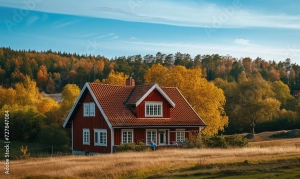 Fototapeta Cozy swedish house style with wood and red color combination