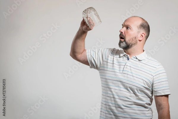 Fototapeta Surprised Caucasian man staring at empty beer glass, white background. Conceptual image of The Dry Challenge