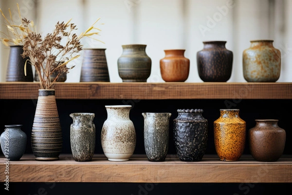 Fototapeta Assorted pottery vases on a shelf with dried flowers adding tranquility and elegance to decor theme suitable for interior design and artisan showcase