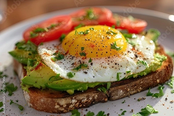 Fototapeta A close-up of a gourmet avocado toast topped with a perfectly fried egg Healthy Breakfast. Egg and Avocado Toast
