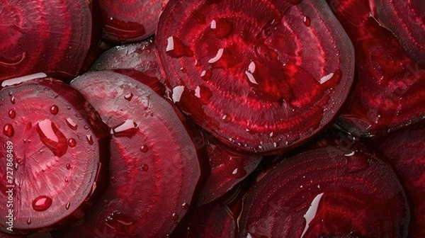 Obraz Fresh beetroot slices close up with water drops.