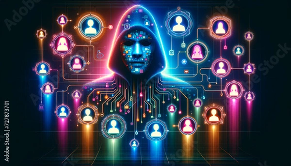 Obraz Pop Futurism: Hacker Figure Engaging Unsuspecting Users in Social Engineering Attack