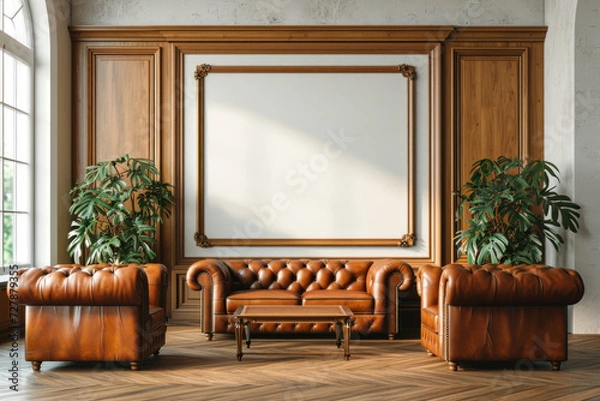 Fototapeta room for business meetings with leather sofas with a picture layout on the wall
