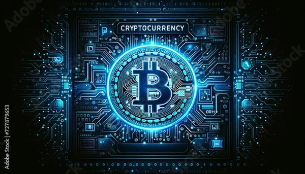 Fototapeta a futuristic, digital circuit board with glowing neon lines, integrated with a stylized Bitcoin symbol at the center