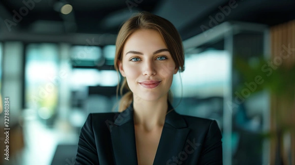 Fototapeta  A confident businesswoman with a friendly smile, captured in a close-up portrait in a studio setting in office.
