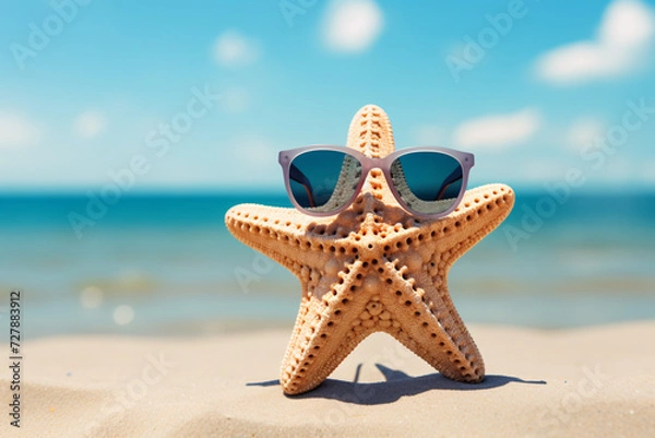 Fototapeta Funny starfish with sunglasses at beach