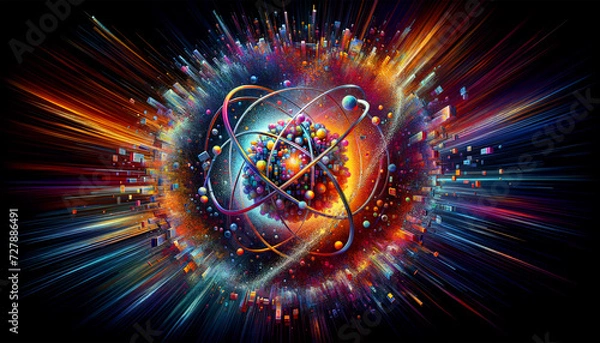 Obraz Dynamic Quantum State: Vibrant pixel disintegration symbolizing quantum physics.