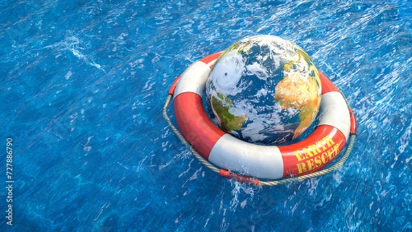 Obraz Erde mit Wolken und Hurrikan in einem roten Rettungsring treibt in welligem Meer - Earth Rescue