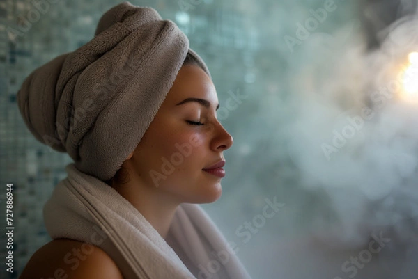 Obraz Young woman in herbal steam room filled with herbal aromas. Purifying and rejuvenating spa experience
