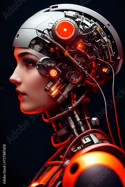 Fototapeta 3D illustration of science fiction female humanoid cyborg lost in futuristic neon lit cyberpunk city