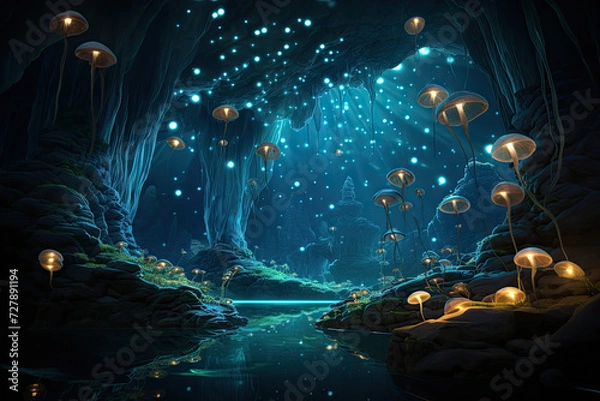 Obraz Mystical cave with glowing mushrooms and serene river perfect for fantasy gaming wallpaper or concept art