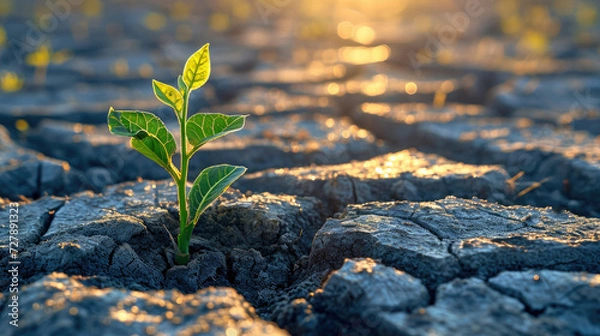 Obraz Young plant sprouting from arid soil in glowing morning sunlight symbolizes hope resilience and new beginnings in nature and agriculture