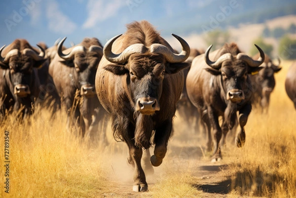 Fototapeta African buffalo herd stampeding through the savannah depicting wildlife power movement conservation and safari travel