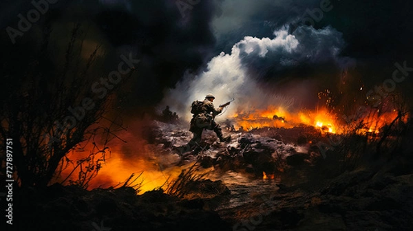 Fototapeta soldiers on the battlefield Americans attack on the battlefield with explosions and fire in the forest, fire in the woods, 