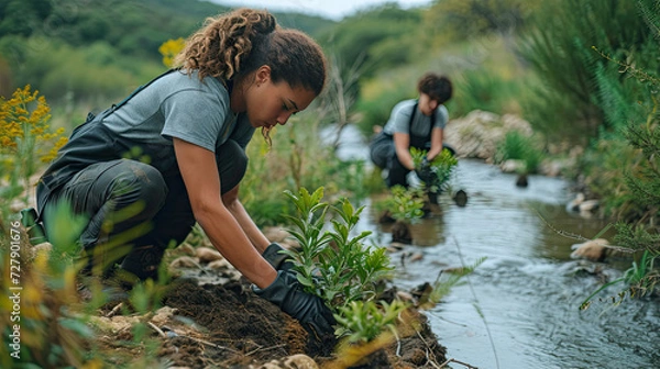 Obraz Young adults volunteering for river conservation planting trees for reforestation and sustainability